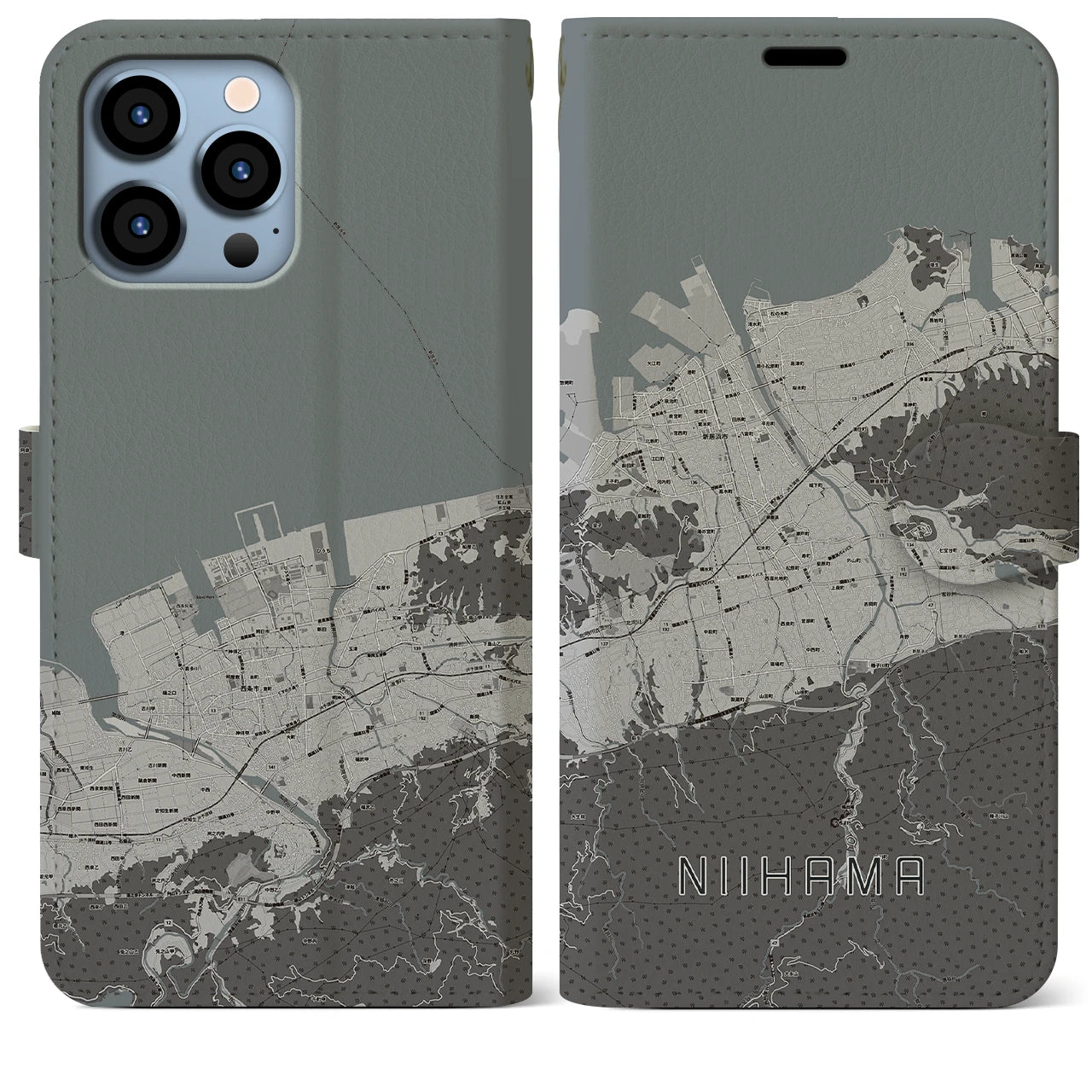 【新居浜(愛媛県)】地図柄iPhoneケース(手帳タイプ)モノトーン・iPhone 13 Pro Max 用