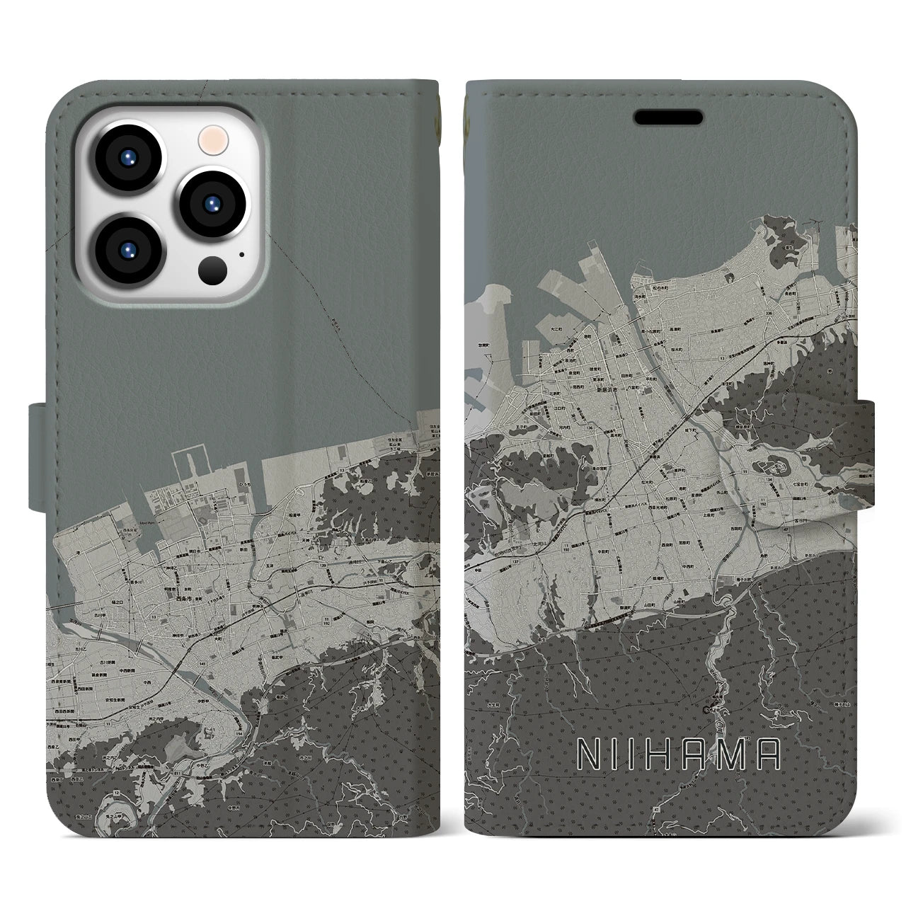 【新居浜(愛媛県)】地図柄iPhoneケース(手帳タイプ)モノトーン・iPhone 13 Pro 用