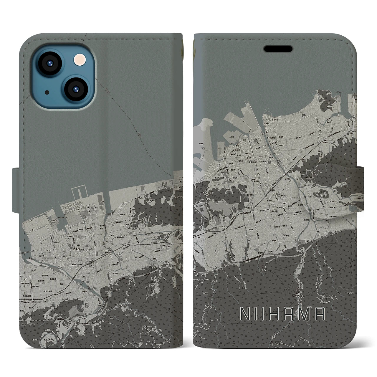【新居浜(愛媛県)】地図柄iPhoneケース(手帳タイプ)モノトーン・iPhone 13 用
