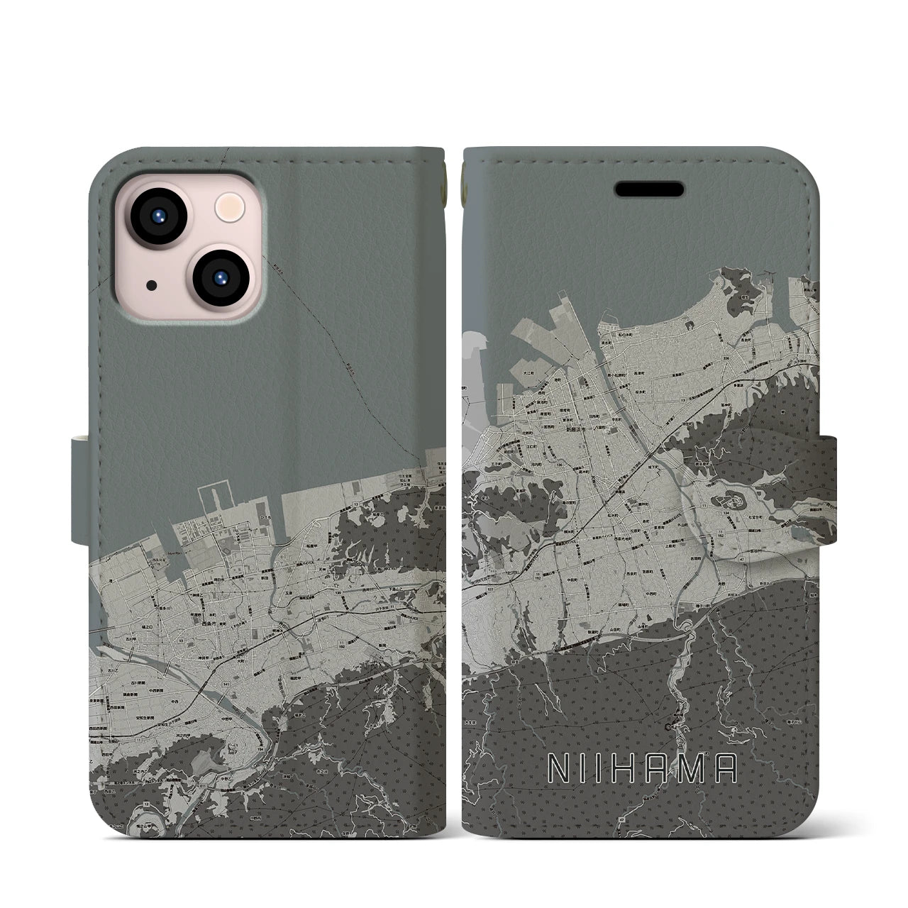 【新居浜(愛媛県)】地図柄iPhoneケース(手帳タイプ)モノトーン・iPhone 13 mini 用