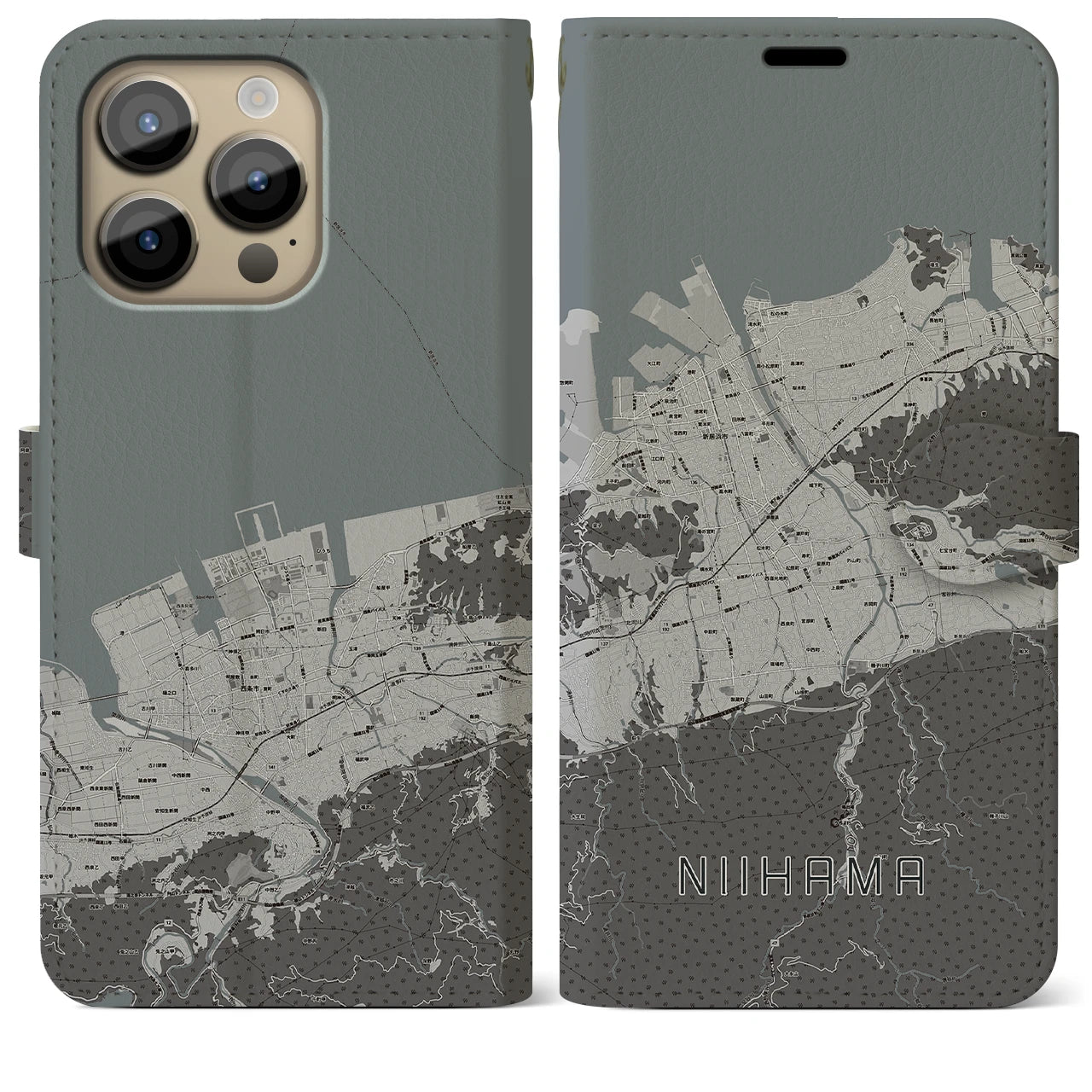 【新居浜(愛媛県)】地図柄iPhoneケース(手帳タイプ)モノトーン・iPhone 14 Pro Max 用
