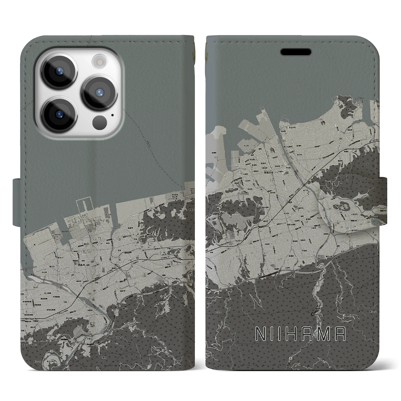 【新居浜(愛媛県)】地図柄iPhoneケース(手帳タイプ)モノトーン・iPhone 14 Pro 用