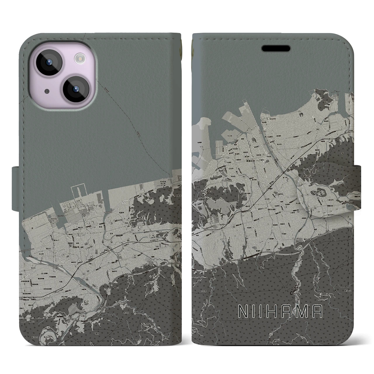 【新居浜(愛媛県)】地図柄iPhoneケース(手帳タイプ)モノトーン・iPhone 14 用