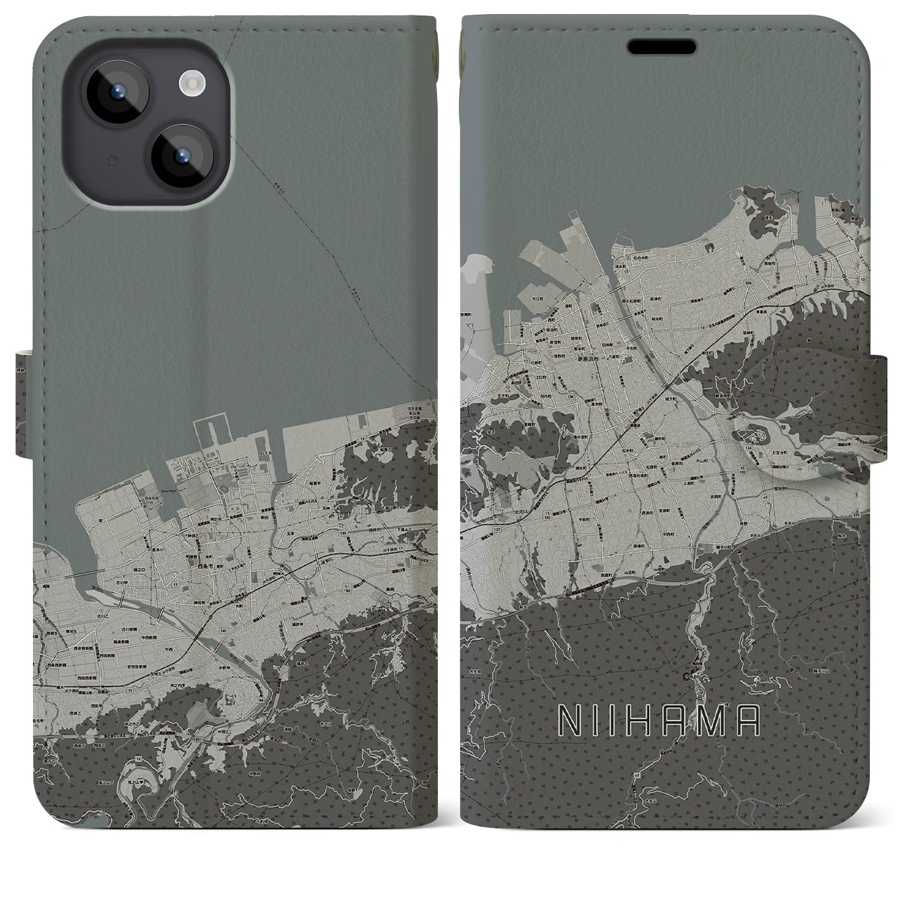 【新居浜(愛媛県)】地図柄iPhoneケース(手帳タイプ)モノトーン・iPhone 14 Plus 用