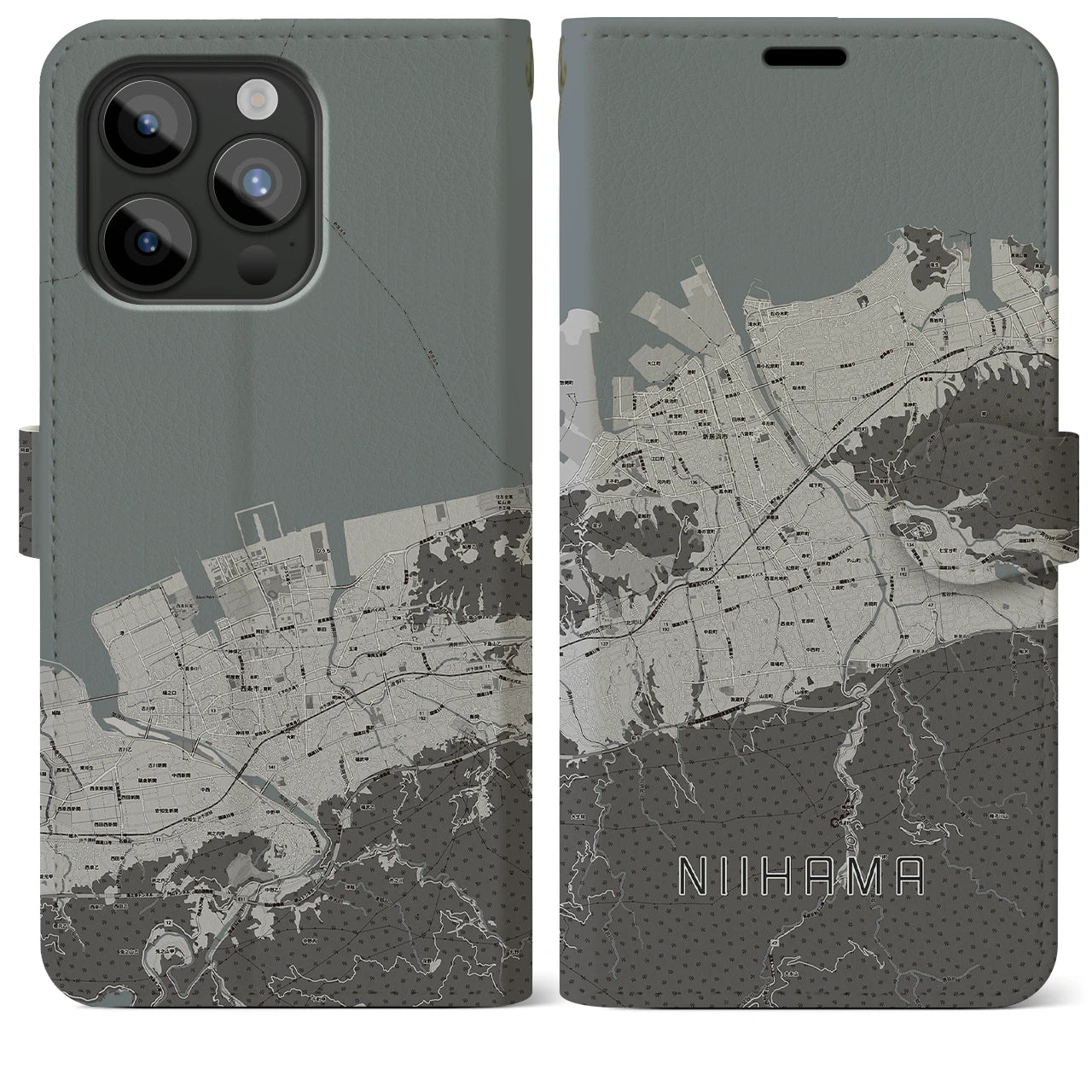 【新居浜(愛媛県)】地図柄iPhoneケース(手帳タイプ)モノトーン・iPhone 15 Pro Max 用