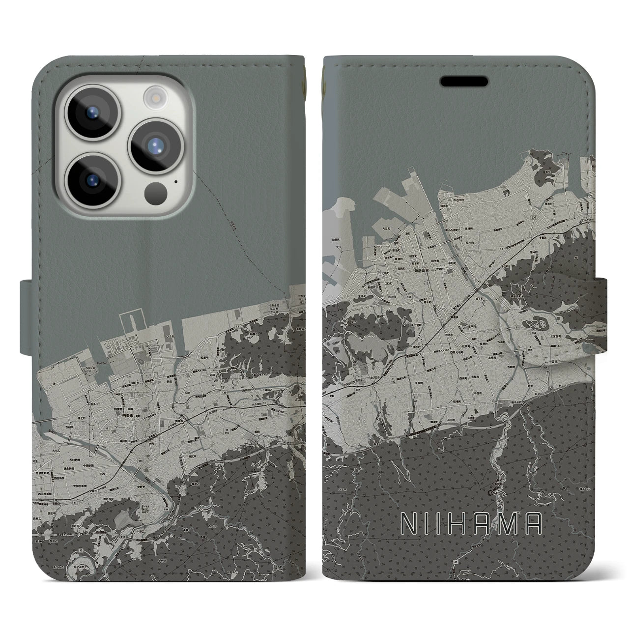 【新居浜(愛媛県)】地図柄iPhoneケース(手帳タイプ)モノトーン・iPhone 15 Pro 用