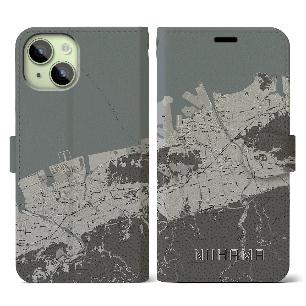 【新居浜(愛媛県)】地図柄iPhoneケース(手帳タイプ)モノトーン・iPhone 15 用