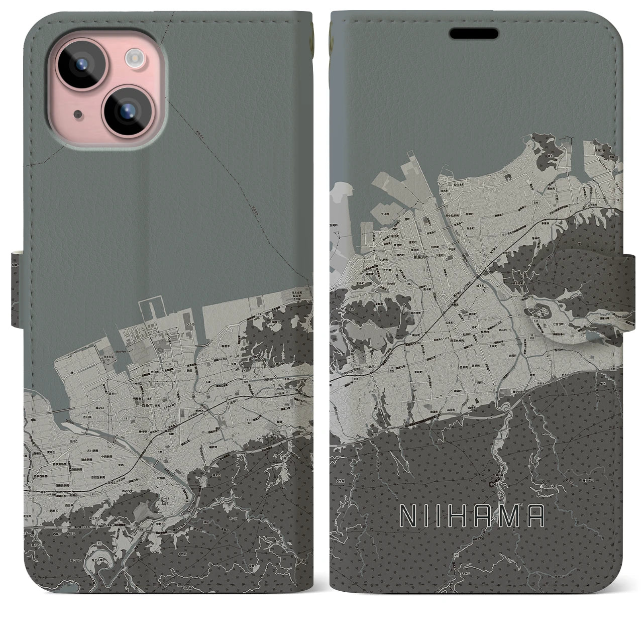 【新居浜(愛媛県)】地図柄iPhoneケース(手帳タイプ)モノトーン・iPhone 15 Plus 用