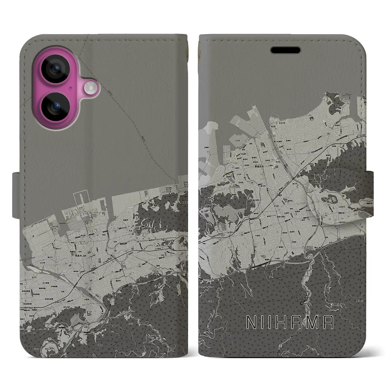 【新居浜(愛媛県)】地図柄iPhoneケース(手帳タイプ)モノトーン・iPhone 16 Pro 用