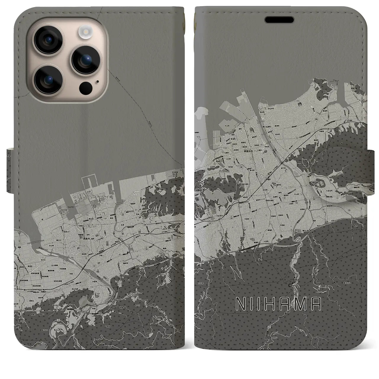 【新居浜(愛媛県)】地図柄iPhoneケース(手帳タイプ)モノトーン・iPhone 16 Plus 用