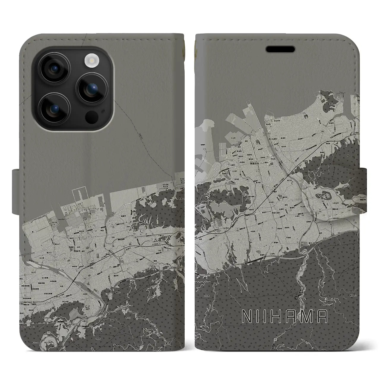 【新居浜(愛媛県)】地図柄iPhoneケース(手帳タイプ)モノトーン・iPhone 16 用