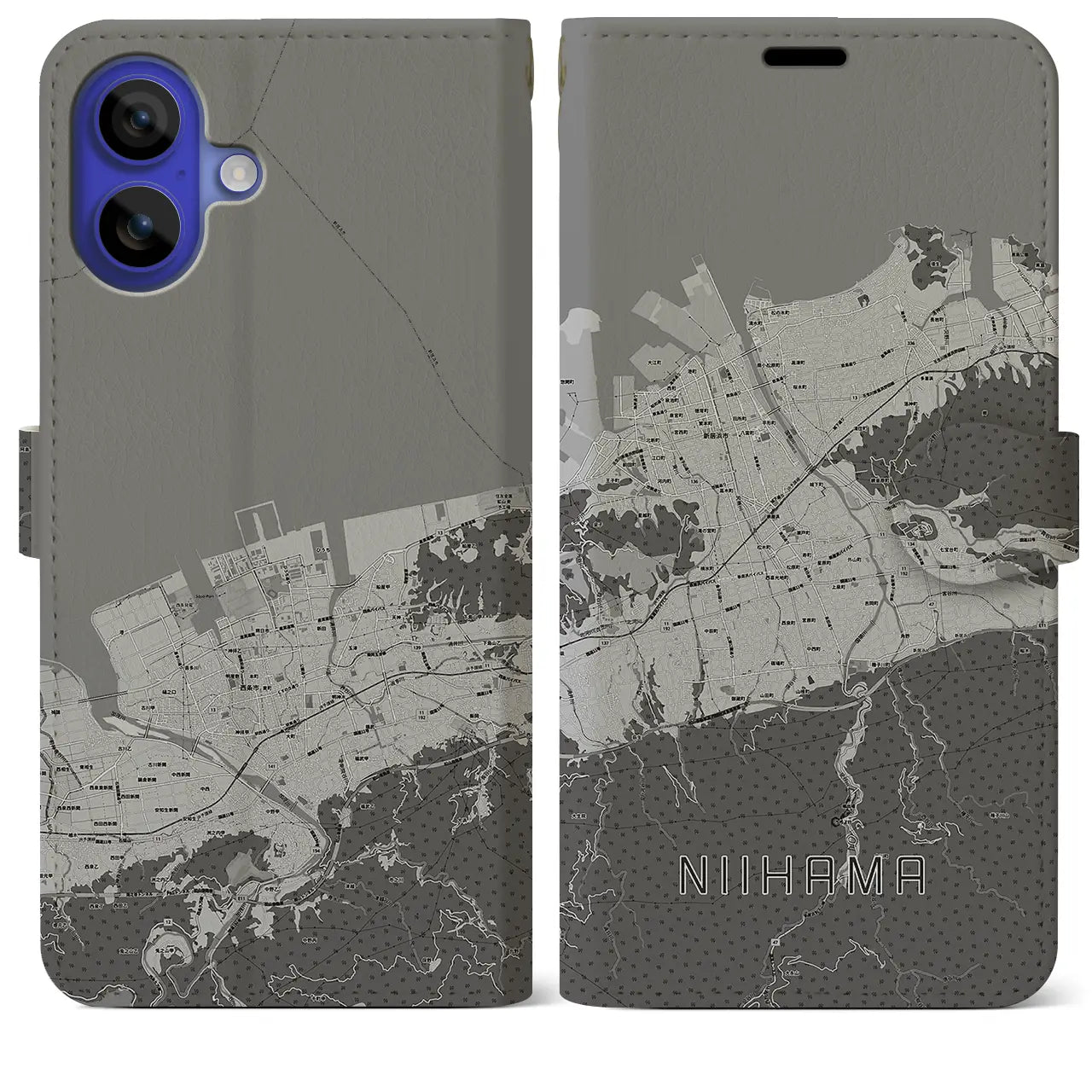 【新居浜(愛媛県)】地図柄iPhoneケース(手帳タイプ)モノトーン・iPhone 16 Pro Max 用