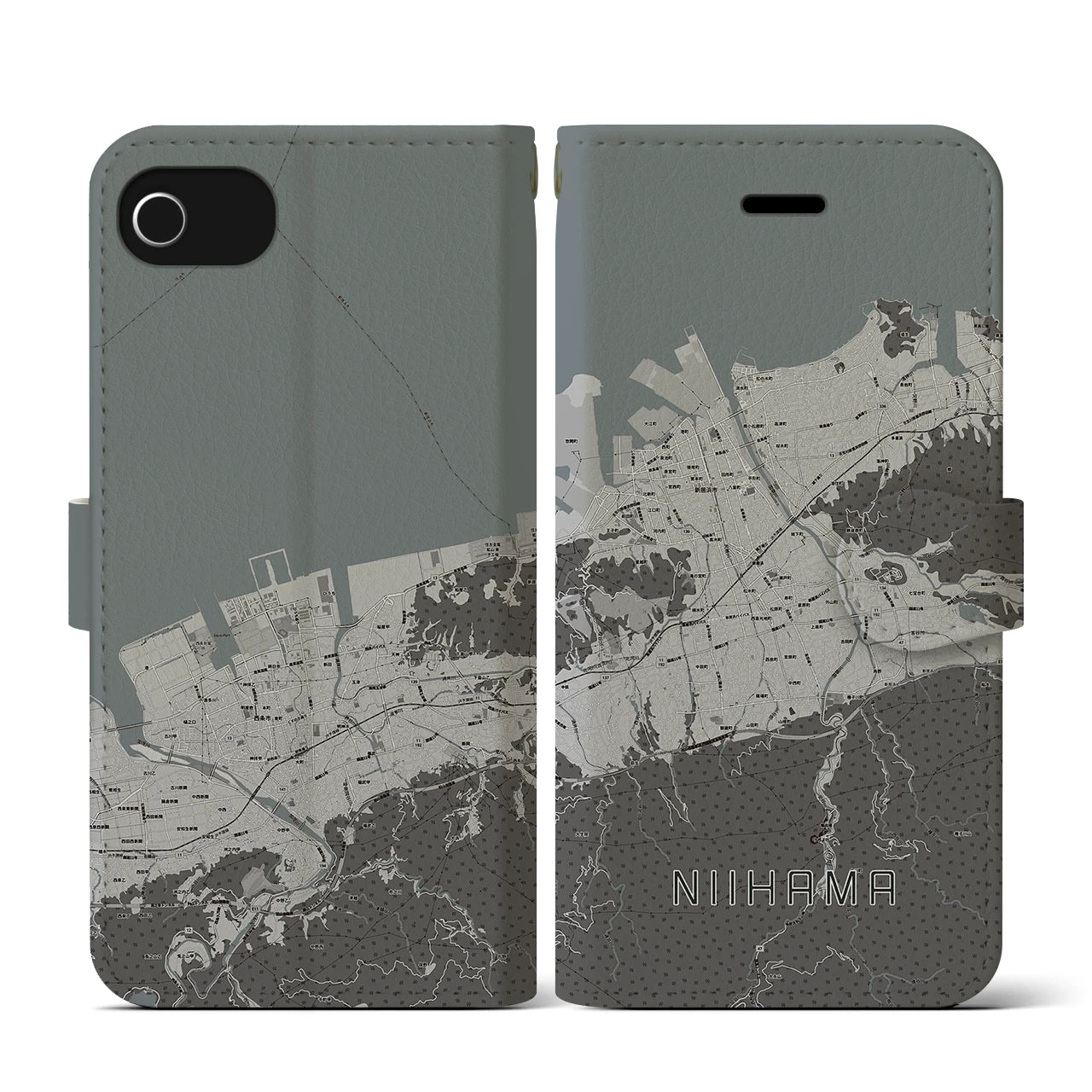 【新居浜(愛媛県)】地図柄iPhoneケース(手帳タイプ)モノトーン・iPhone SE(第3 / 第2世代) / 8 / 7 / 6s / 6 用
