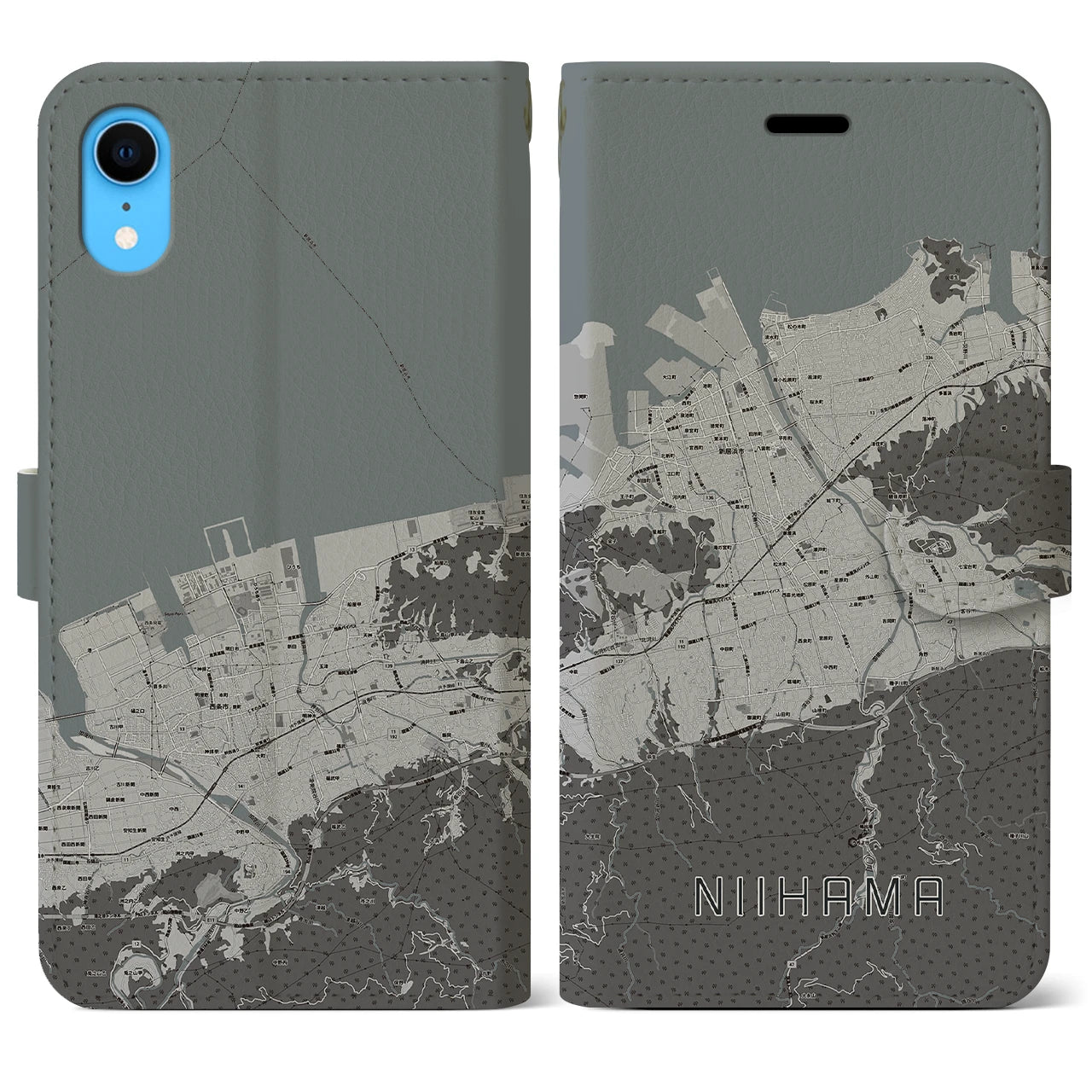 【新居浜(愛媛県)】地図柄iPhoneケース(手帳タイプ)モノトーン・iPhone XR 用
