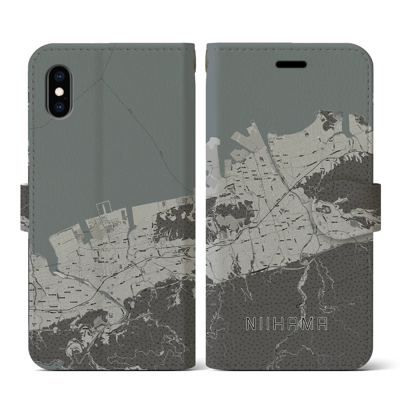 【新居浜(愛媛県)】地図柄iPhoneケース(手帳タイプ)モノトーン・iPhone XS / X 用