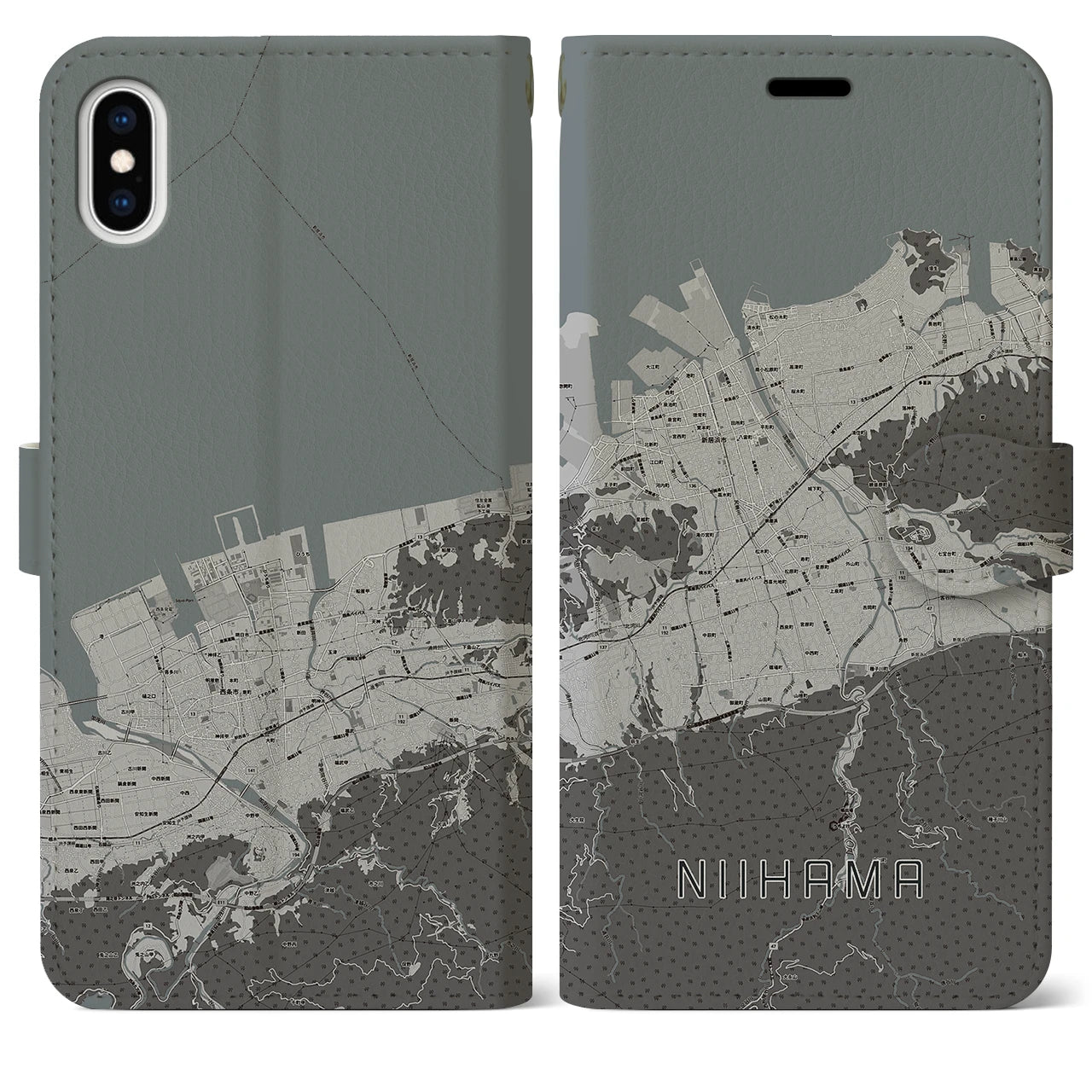 【新居浜(愛媛県)】地図柄iPhoneケース(手帳タイプ)モノトーン・iPhone XS Max 用