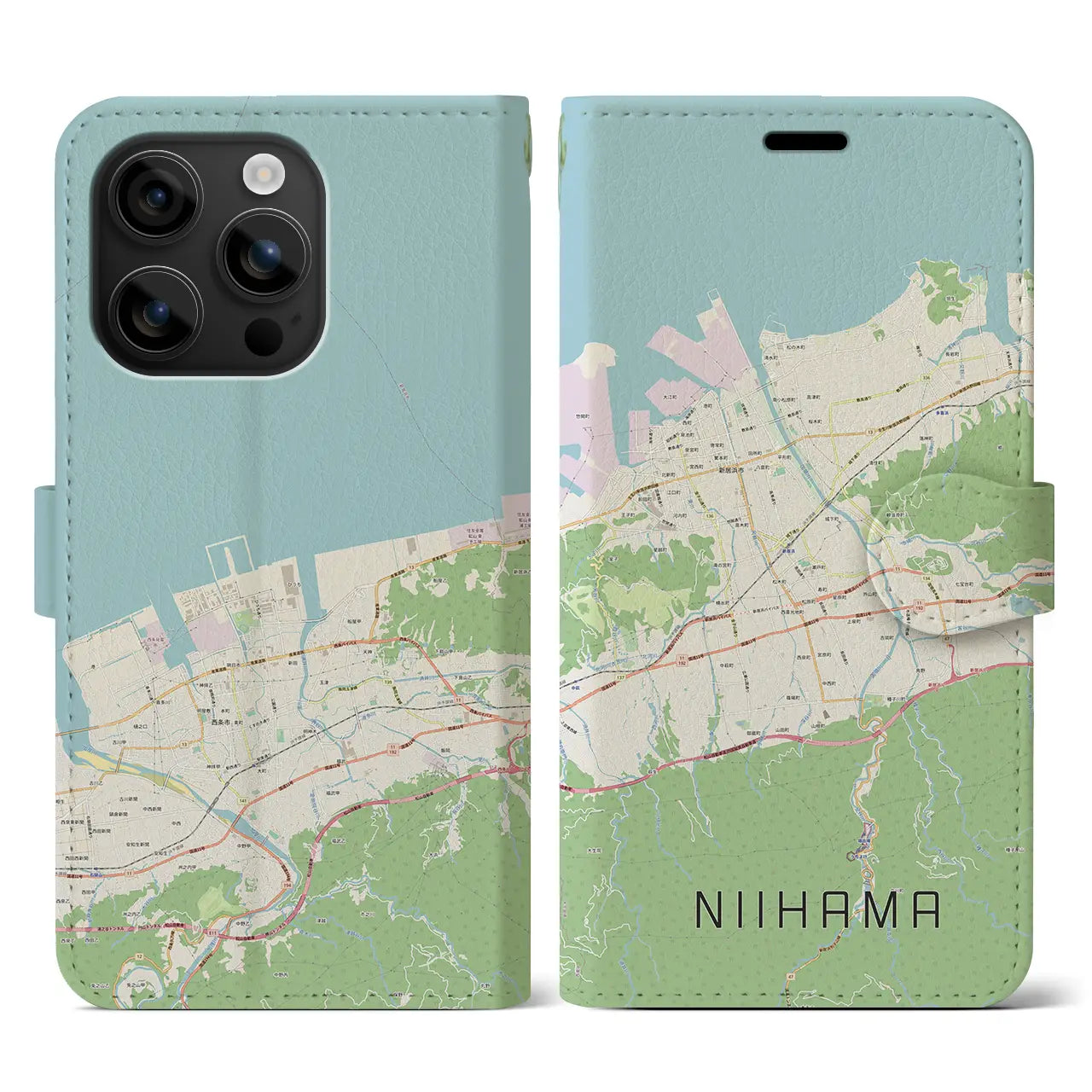 【新居浜(愛媛県)】地図柄iPhoneケース(手帳タイプ)ナチュラル・iPhone 16 用
