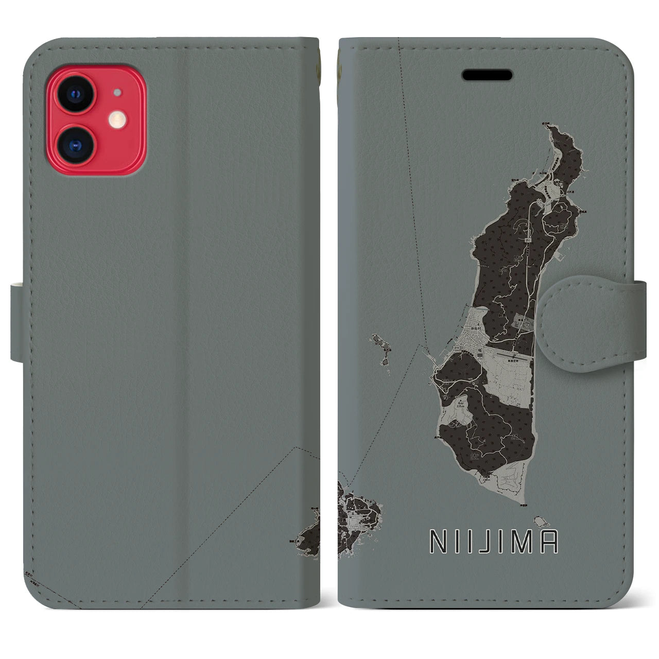 【新島(東京都)】地図柄iPhoneケース(手帳タイプ)モノトーン・iPhone 11 用