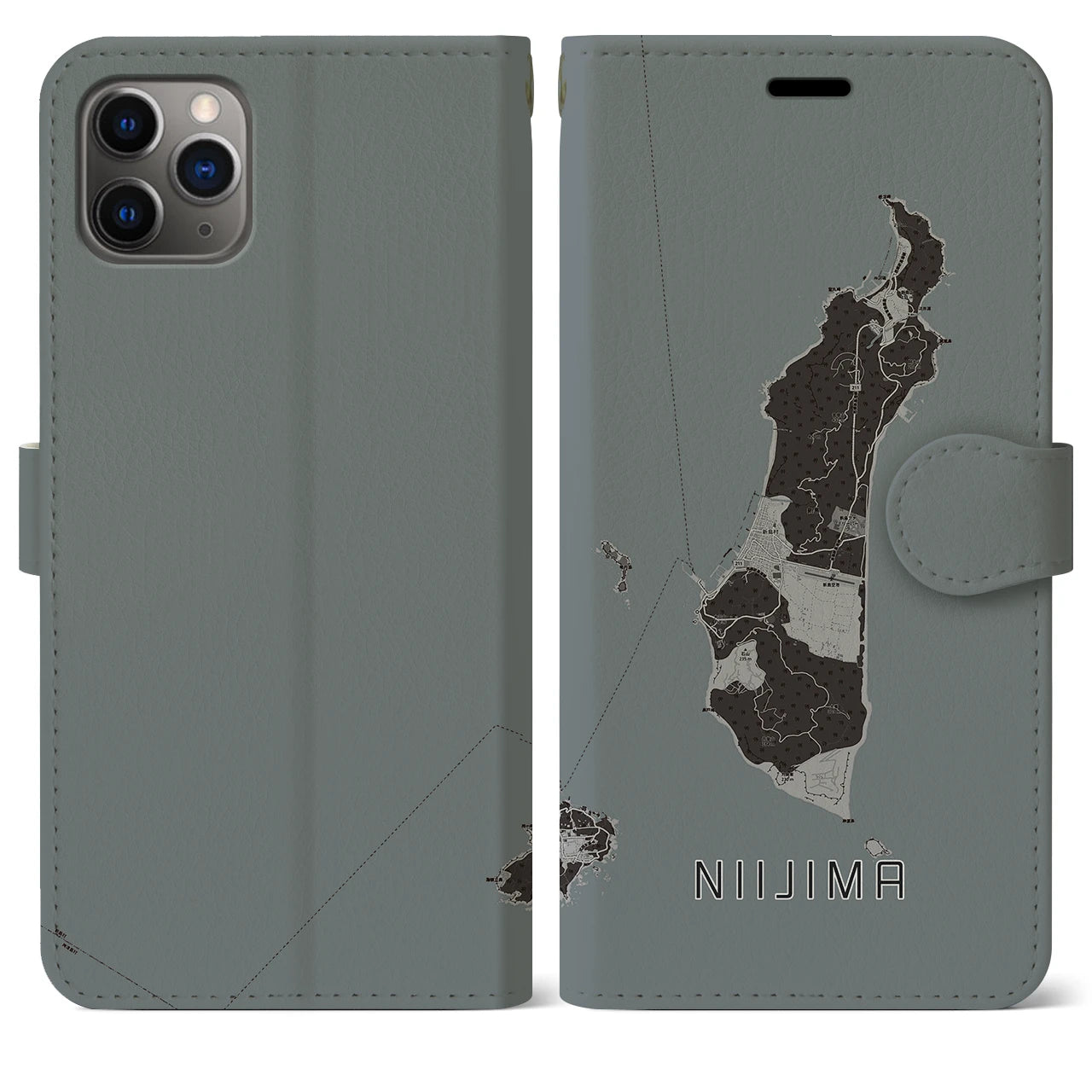 【新島(東京都)】地図柄iPhoneケース(手帳タイプ)モノトーン・iPhone 11 Pro Max 用