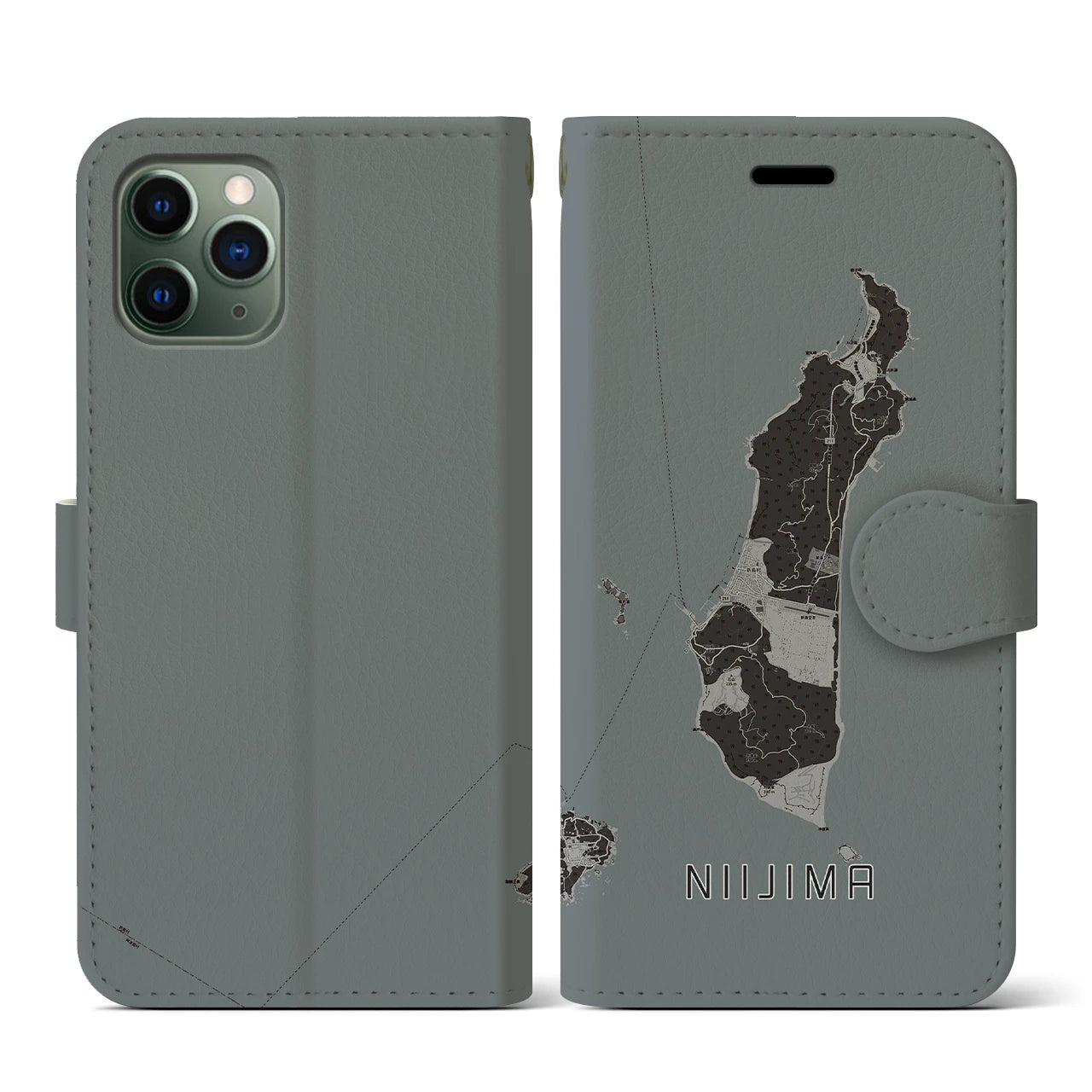 【新島(東京都)】地図柄iPhoneケース(手帳タイプ)モノトーン・iPhone 11 Pro 用