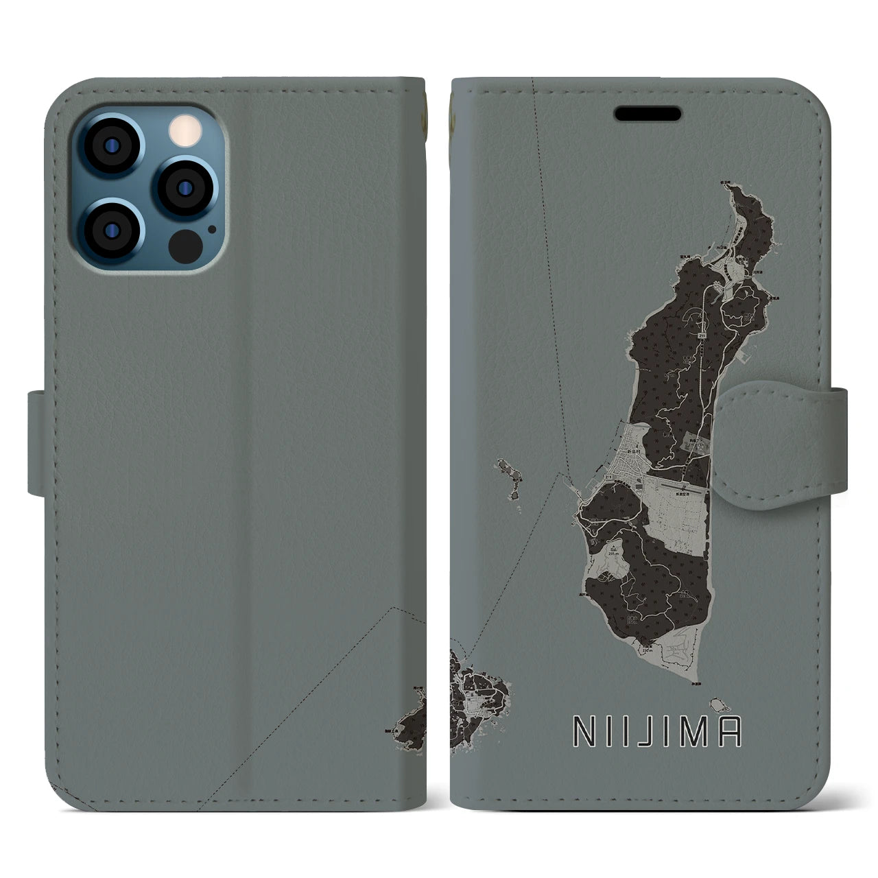 【新島(東京都)】地図柄iPhoneケース(手帳タイプ)モノトーン・iPhone 12 / 12 Pro 用
