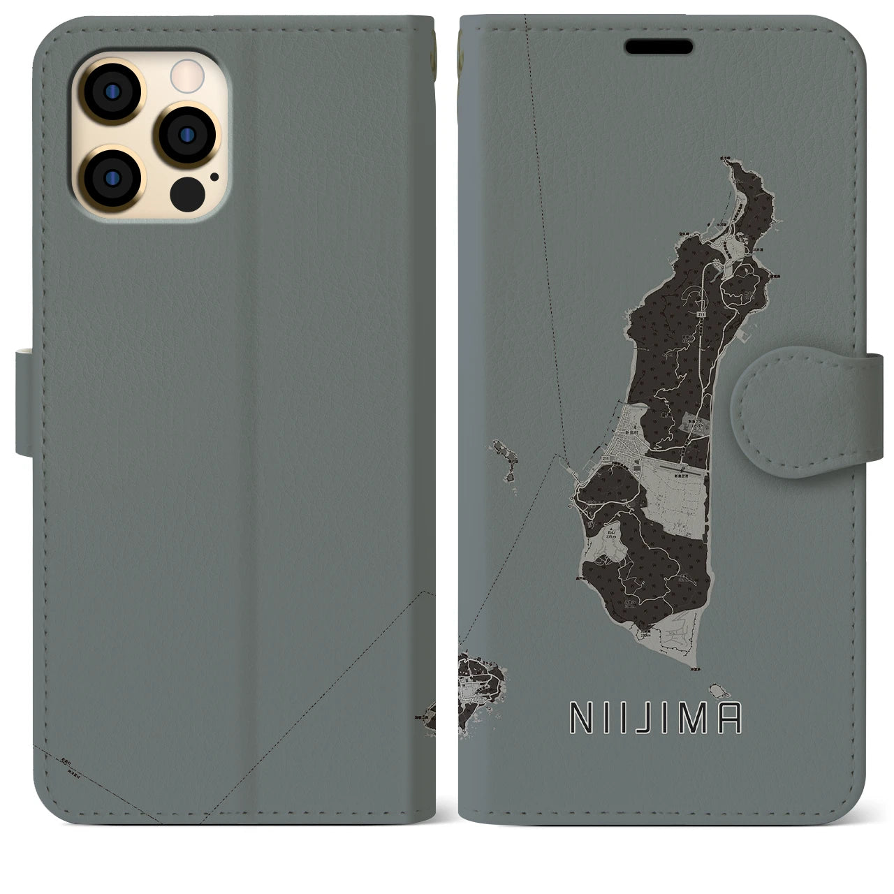 【新島(東京都)】地図柄iPhoneケース(手帳タイプ)モノトーン・iPhone 12 Pro Max 用