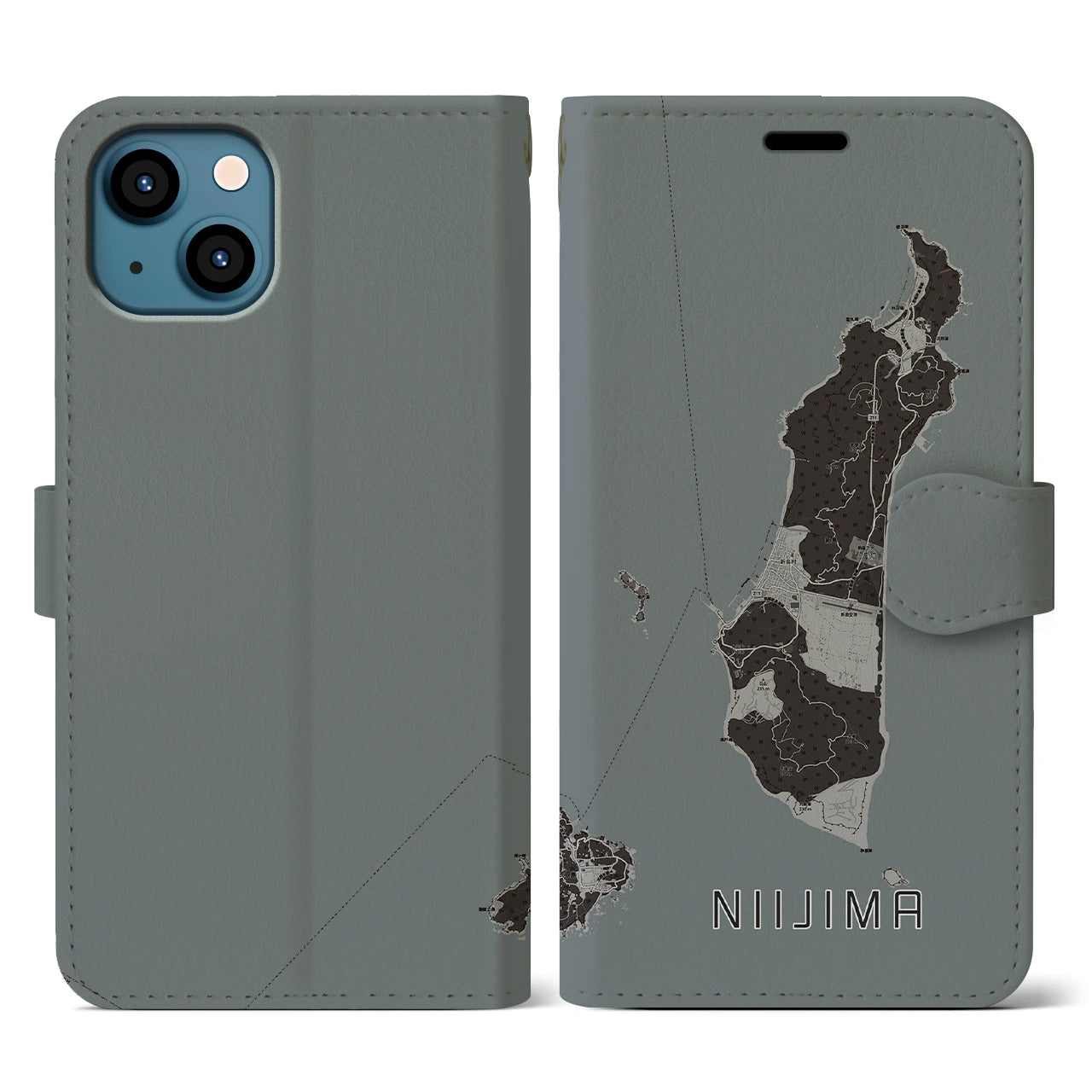 【新島(東京都)】地図柄iPhoneケース(手帳タイプ)モノトーン・iPhone 13 用