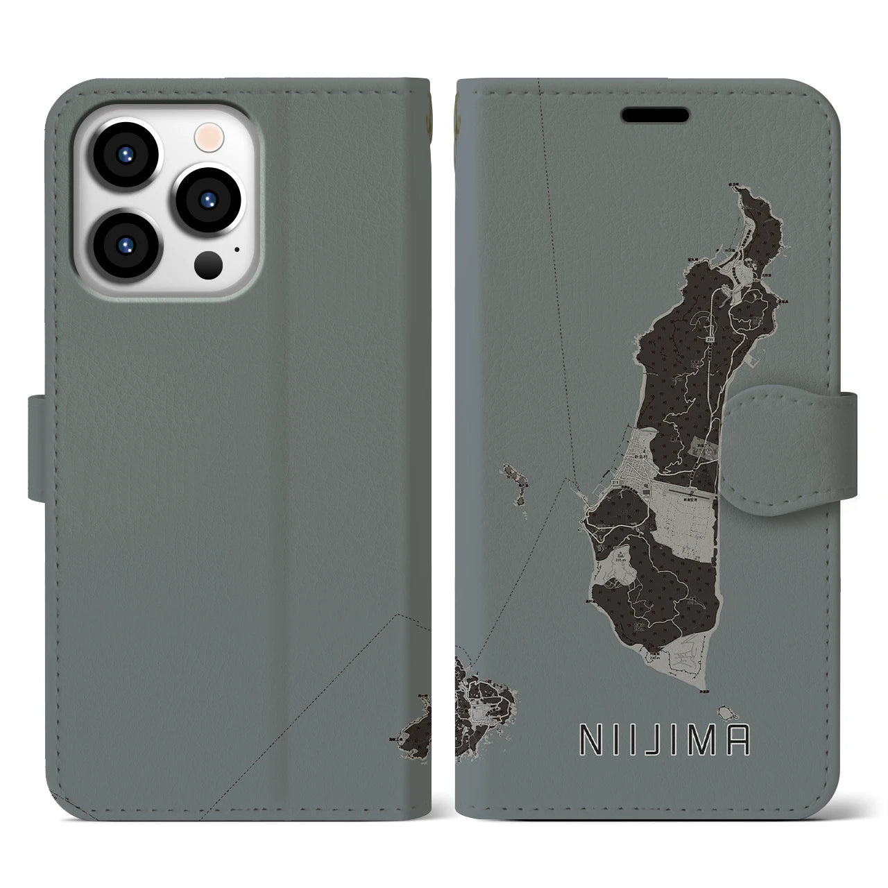 【新島(東京都)】地図柄iPhoneケース(手帳タイプ)モノトーン・iPhone 13 Pro 用