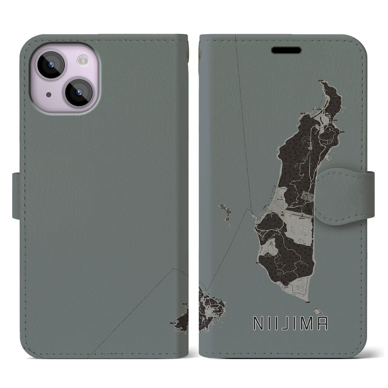 【新島(東京都)】地図柄iPhoneケース(手帳タイプ)モノトーン・iPhone 14 用