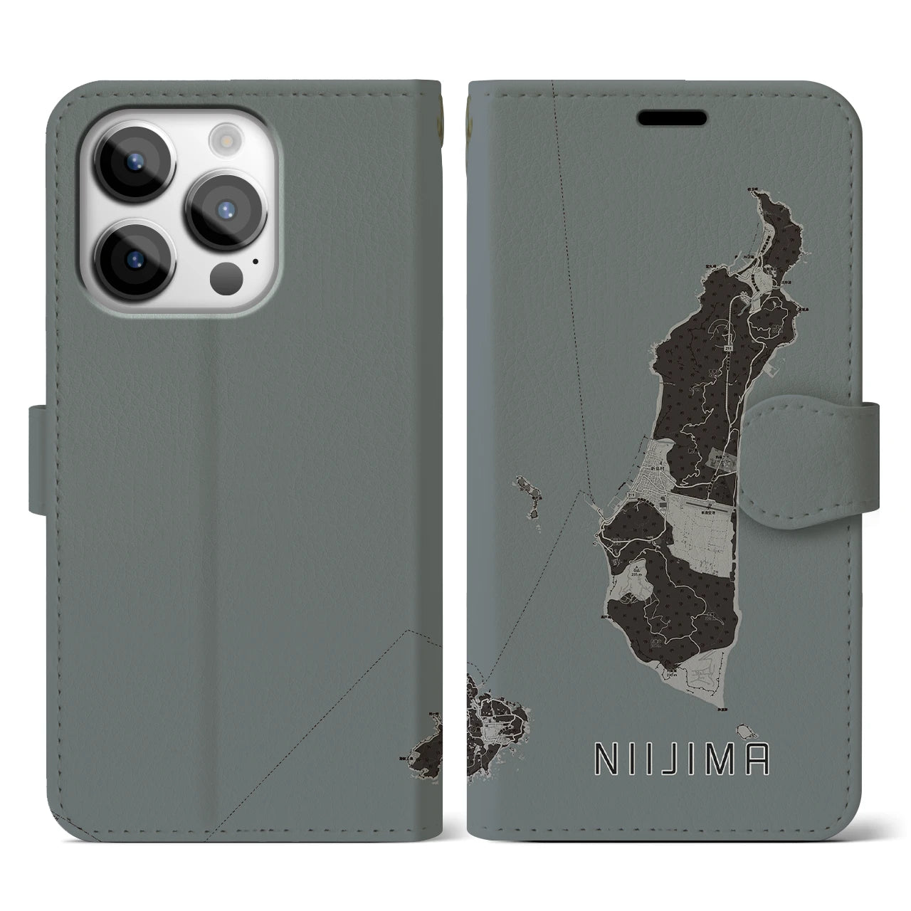 【新島(東京都)】地図柄iPhoneケース(手帳タイプ)モノトーン・iPhone 14 Pro 用