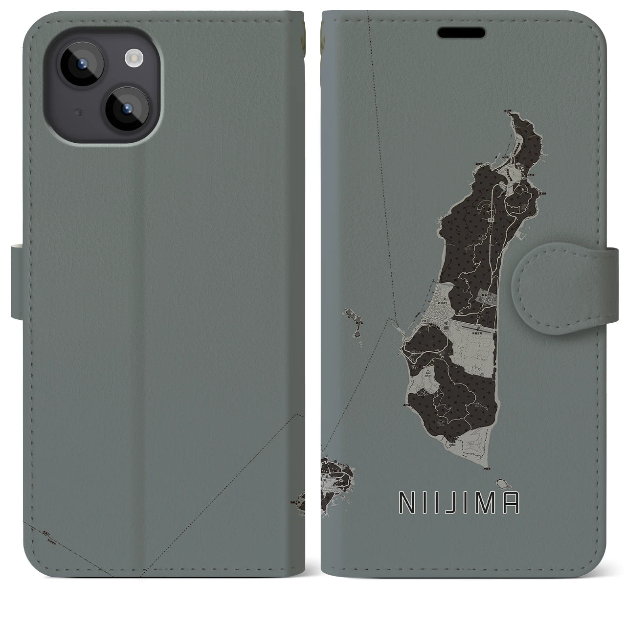 【新島(東京都)】地図柄iPhoneケース(手帳タイプ)モノトーン・iPhone 14 Plus 用