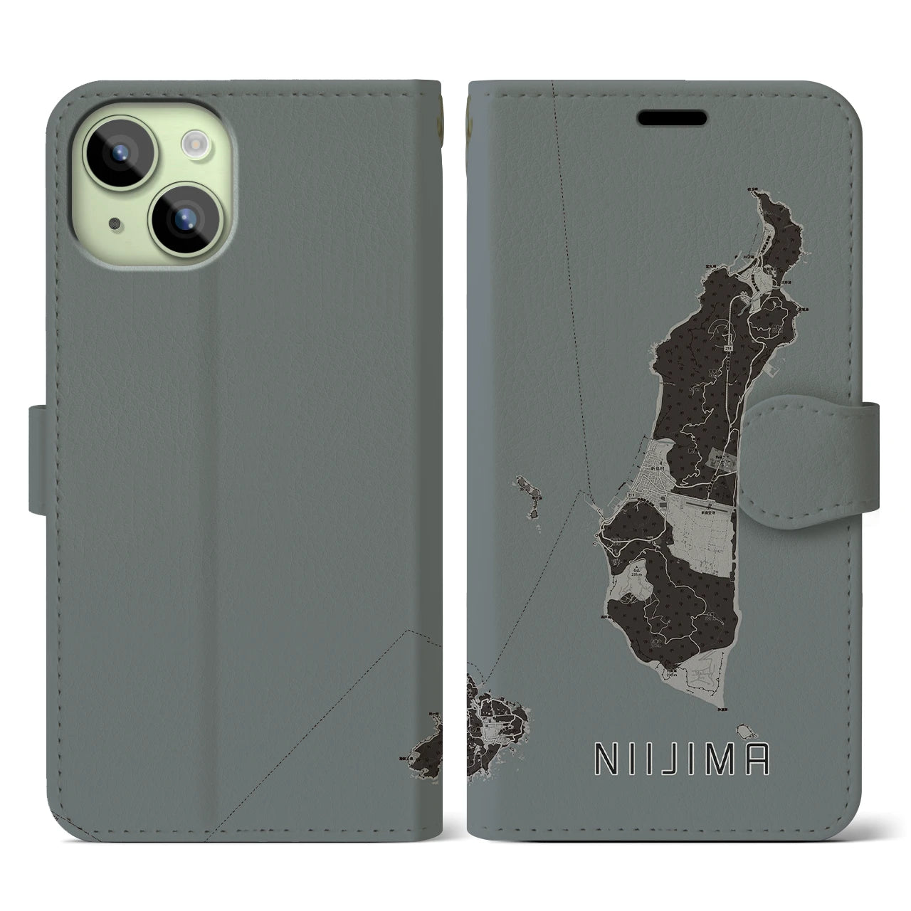 【新島(東京都)】地図柄iPhoneケース(手帳タイプ)モノトーン・iPhone 15 用