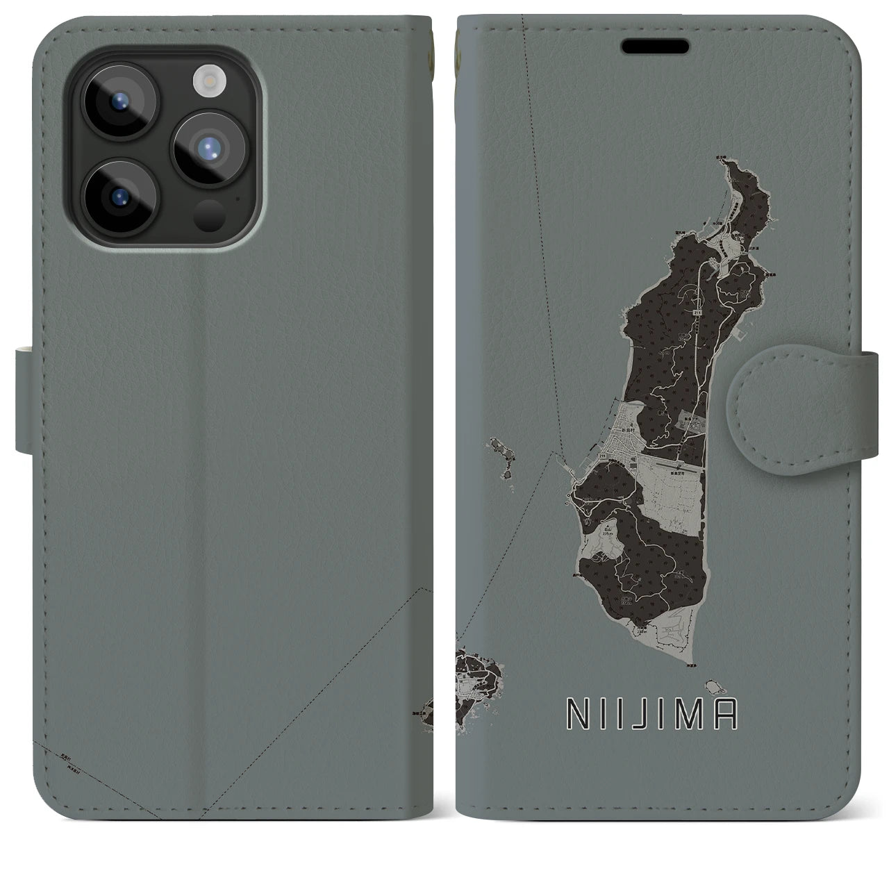 【新島(東京都)】地図柄iPhoneケース(手帳タイプ)モノトーン・iPhone 15 Pro Max 用