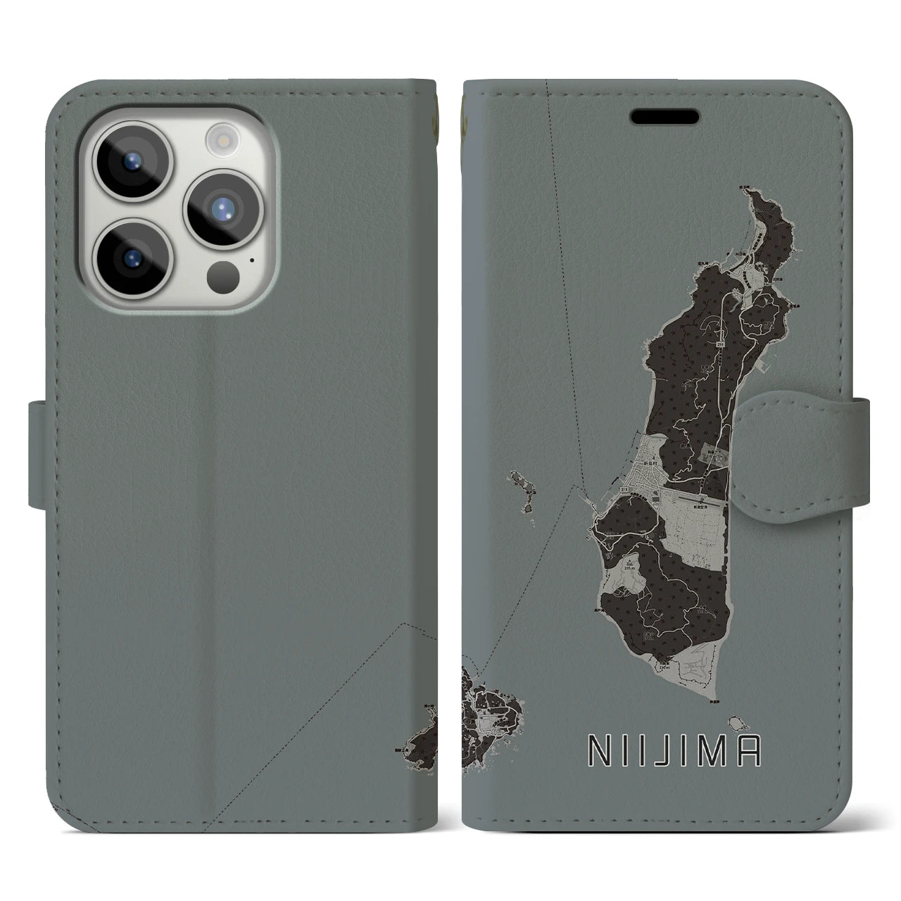 【新島(東京都)】地図柄iPhoneケース(手帳タイプ)モノトーン・iPhone 15 Pro 用
