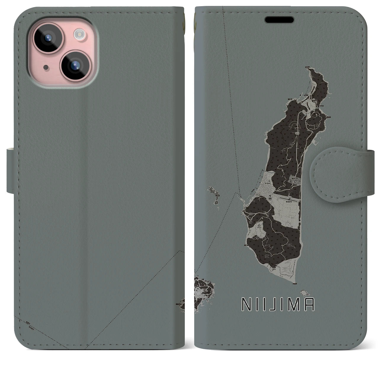 【新島(東京都)】地図柄iPhoneケース(手帳タイプ)モノトーン・iPhone 15 Plus 用