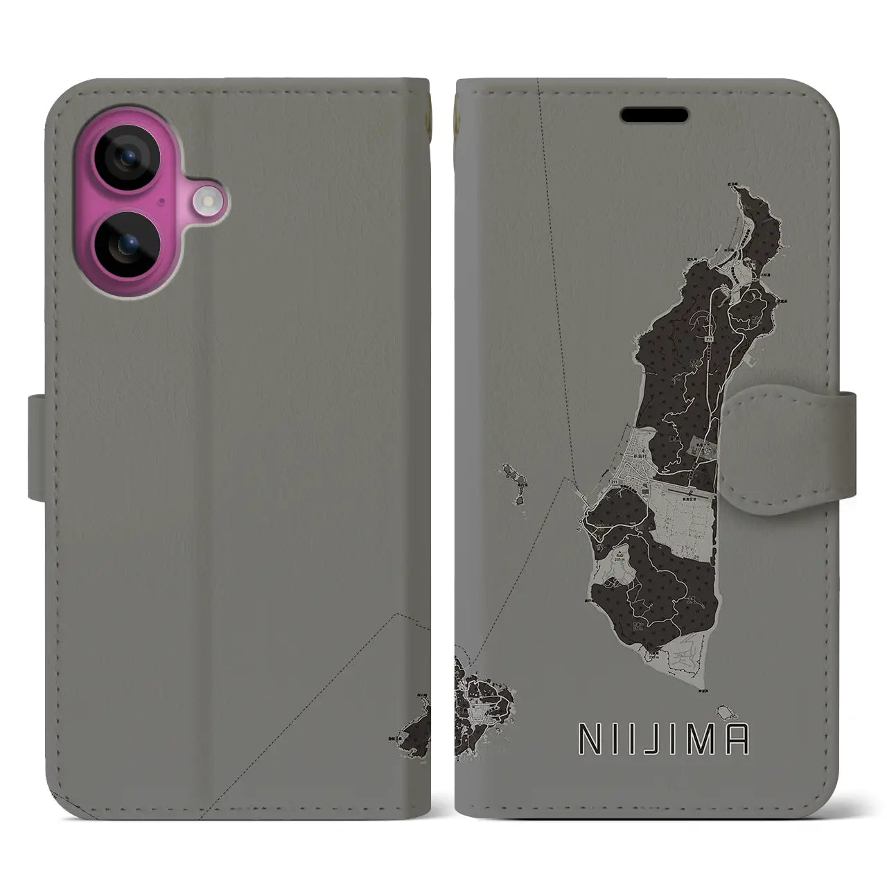 【新島(東京都)】地図柄iPhoneケース(手帳タイプ)モノトーン・iPhone 16 Pro 用
