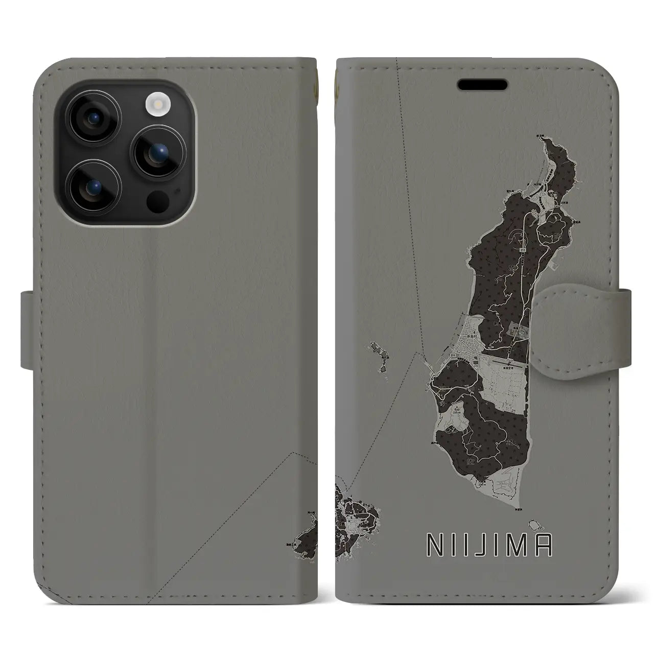 【新島(東京都)】地図柄iPhoneケース(手帳タイプ)モノトーン・iPhone 16 用