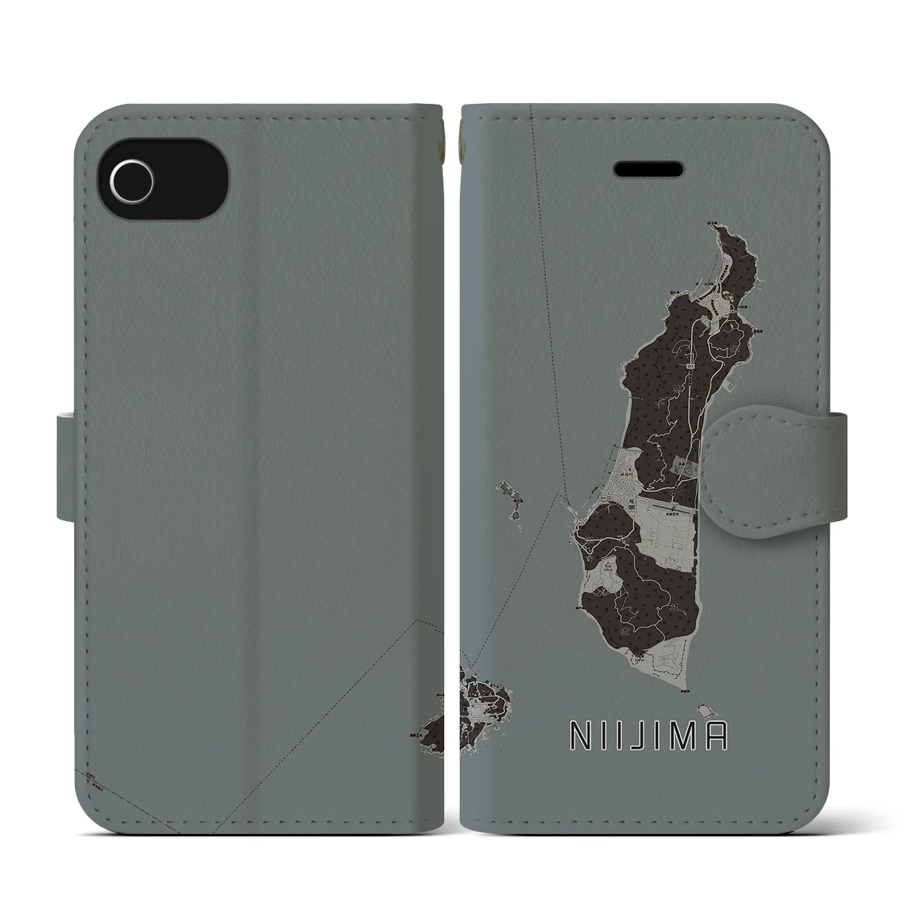 【新島(東京都)】地図柄iPhoneケース(手帳タイプ)モノトーン・iPhone SE(第3 / 第2世代) / 8 / 7 / 6s / 6 用