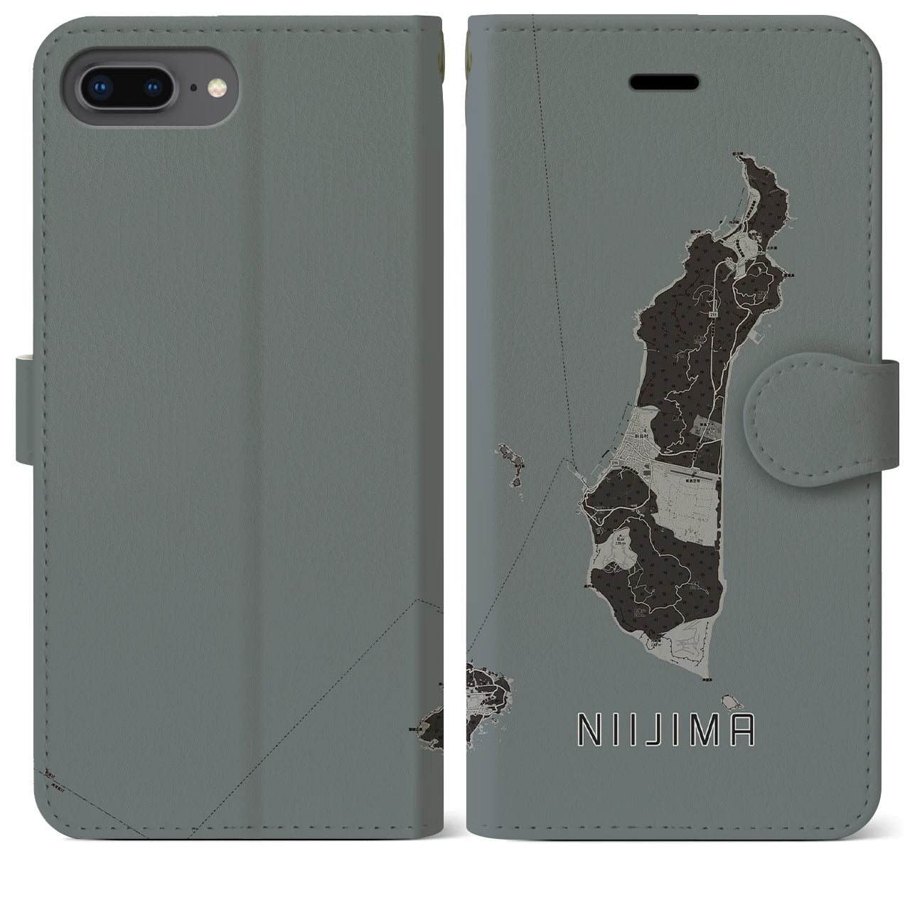 【新島(東京都)】地図柄iPhoneケース(手帳タイプ)モノトーン・iPhone 8Plus /7Plus / 6sPlus / 6Plus 用