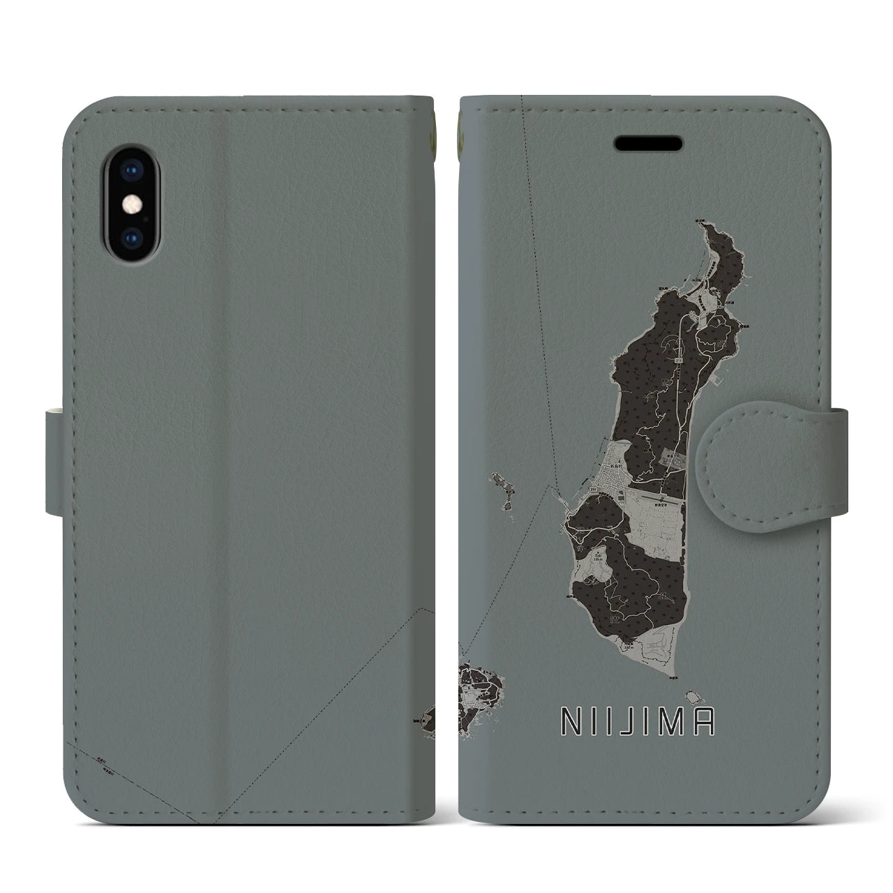 【新島(東京都)】地図柄iPhoneケース(手帳タイプ)モノトーン・iPhone XS / X 用