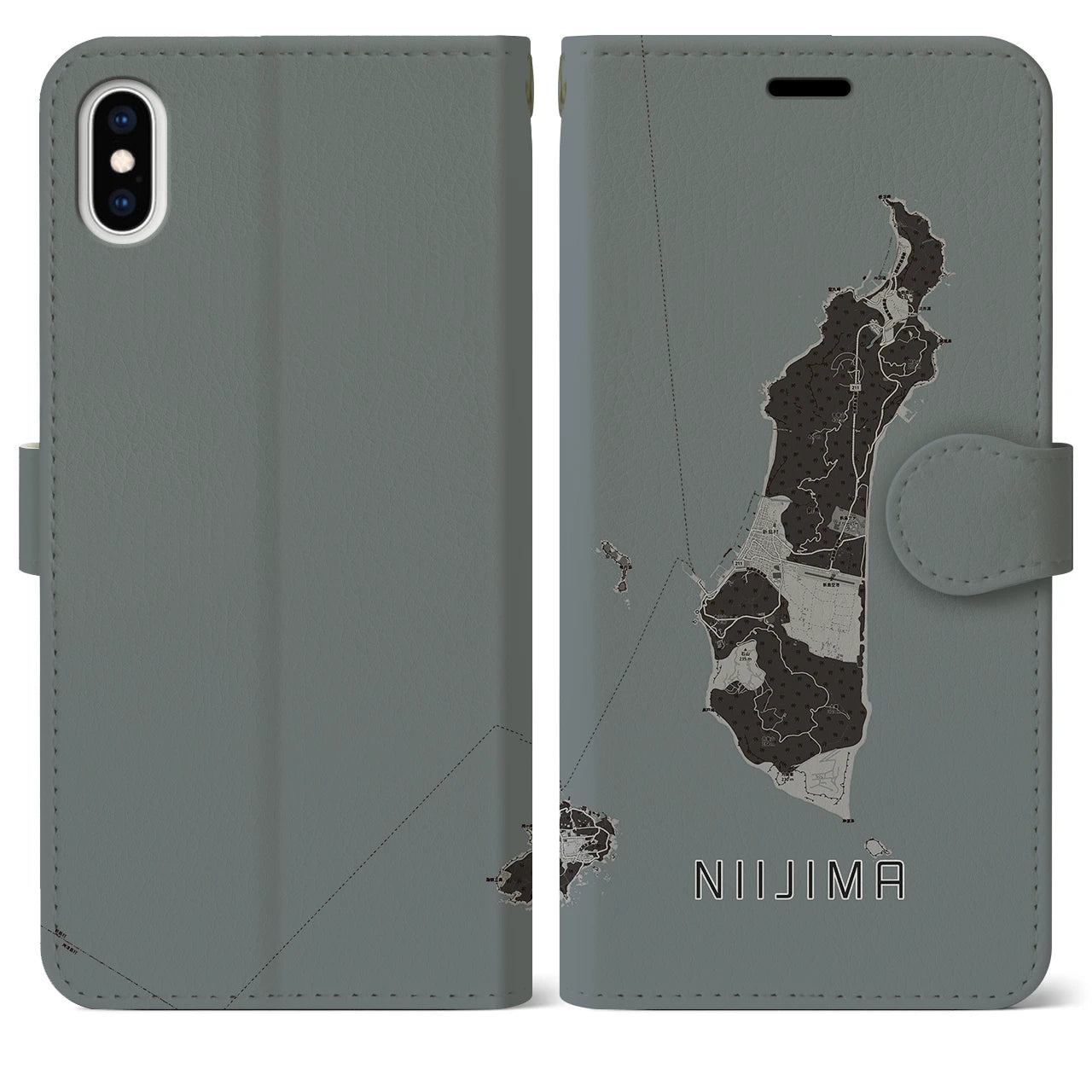 【新島(東京都)】地図柄iPhoneケース(手帳タイプ)モノトーン・iPhone XS Max 用
