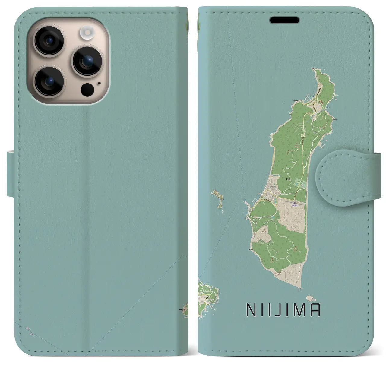 【新島(東京都)】地図柄iPhoneケース(手帳タイプ)ナチュラル・iPhone 16 Plus 用