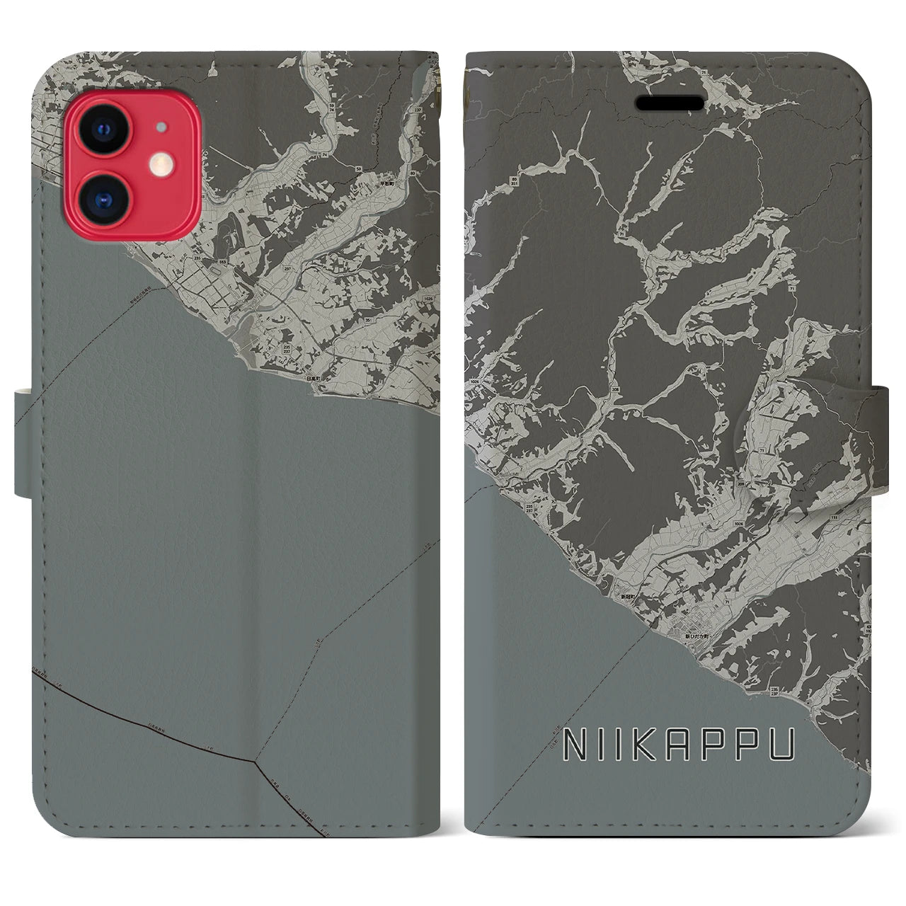 【新冠(北海道)】地図柄iPhoneケース(手帳タイプ)モノトーン・iPhone 11 用