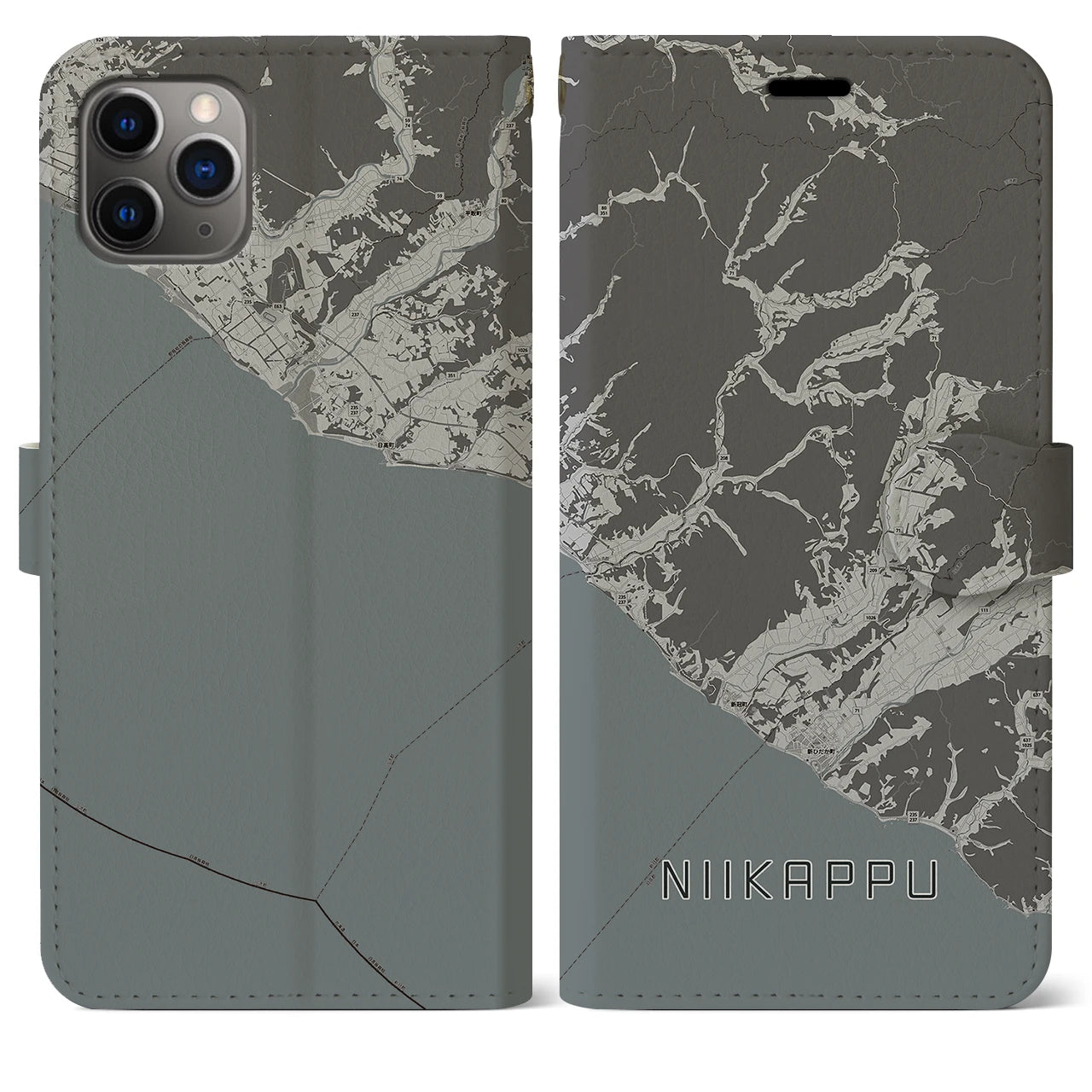 【新冠(北海道)】地図柄iPhoneケース(手帳タイプ)モノトーン・iPhone 11 Pro Max 用