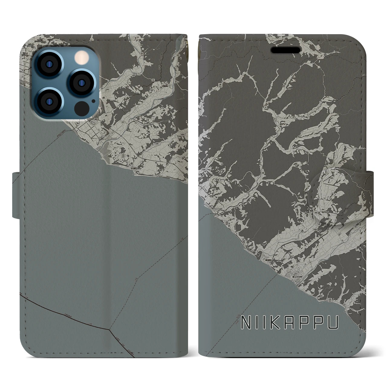 【新冠(北海道)】地図柄iPhoneケース(手帳タイプ)モノトーン・iPhone 12 / 12 Pro 用