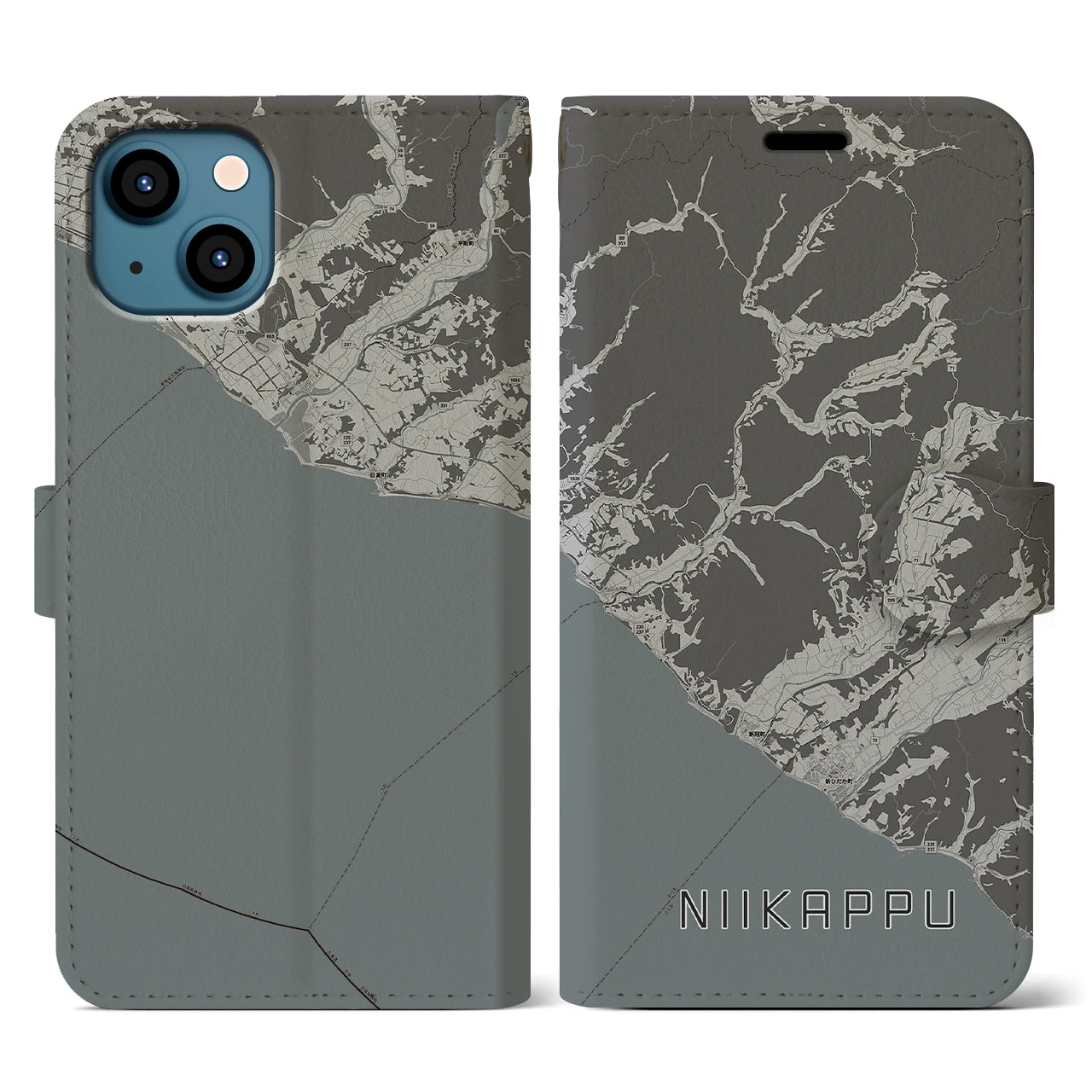 【新冠(北海道)】地図柄iPhoneケース(手帳タイプ)モノトーン・iPhone 13 用
