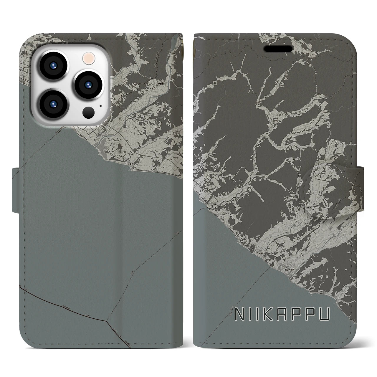 【新冠(北海道)】地図柄iPhoneケース(手帳タイプ)モノトーン・iPhone 13 Pro 用