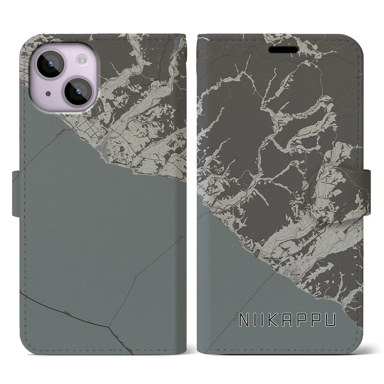 【新冠(北海道)】地図柄iPhoneケース(手帳タイプ)モノトーン・iPhone 14 用