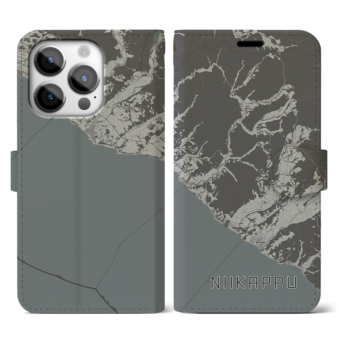 【新冠(北海道)】地図柄iPhoneケース(手帳タイプ)モノトーン・iPhone 14 Pro 用