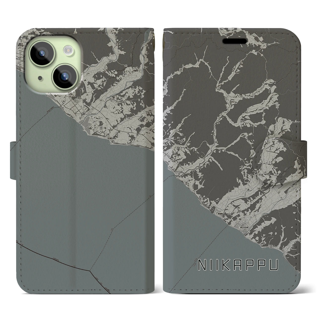 【新冠(北海道)】地図柄iPhoneケース(手帳タイプ)モノトーン・iPhone 15 用